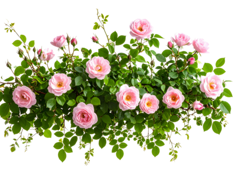 Pink garden roses with trailing green ivy vines floral arrangement isolated on transparent background PNG