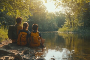 Happy young family spending quality time together outdoors in green nature, creating cherished memories through outdoor activities, Generative AI