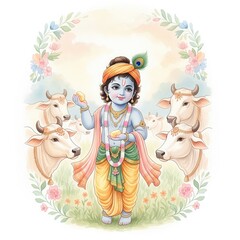 Fototapeta premium Watercolor Painting of Baby Krishna with Cows – Janmashtami Poster HD Image