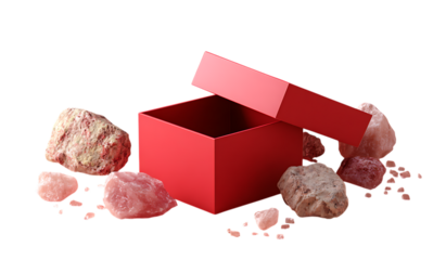 3D rendering of a pink and red paper box with rocks. Mockup template for product presentation, cosmetic mock up.