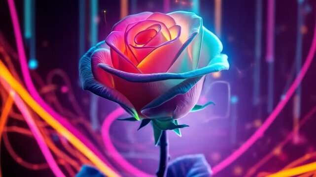 Futuristic glowing rose with neon lights abstract background for love and valentines day
