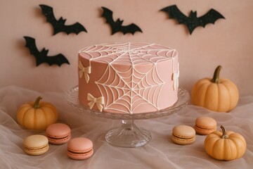 pink halloween cake with spiderweb icing and bows on crystal stand, coquette dessert table with pumpkins and glitter bats, concept of party inspiration, seasonal content, cake design