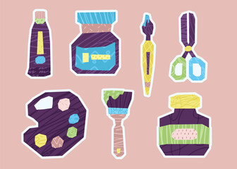 Flat Color Art Supplies Element Sticker Set with Soft Color Palette in Cutout Style
