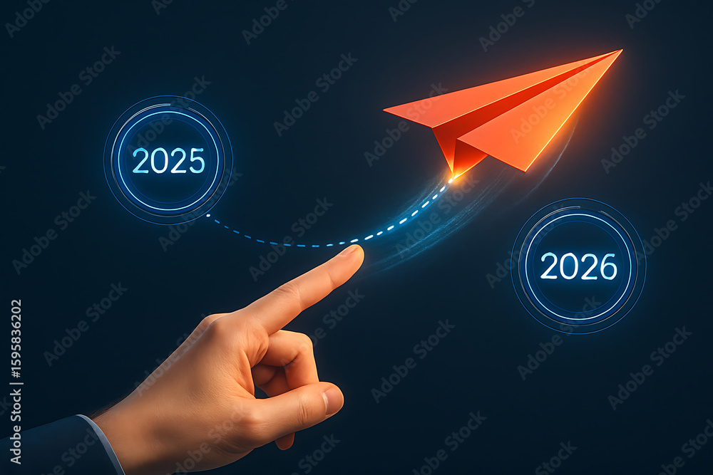Poster startup vision and innovation growth strategy symbolized by futuristic paper airplane flight path fr