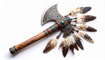 Traditional Native American tomahawk with carved wooden handle, metal blade, feather and bead decoration