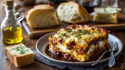 Homemade lasagna with cheese layers served with garlic bread on a rustic table 