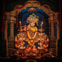 Fototapeta premium Temple Scene of Decorated Krishna Idol with Diyas – Midnight Janmashtami Puja Photo