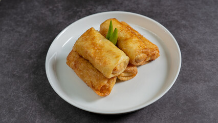 Sosis Solo (Sausage Solo). Special designation for a chicken dish wrapped in an omelet and shape like sausagea. Traditional Indonesian meat snack, served on a white plate with green chili garnish.