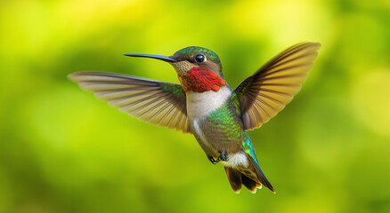 Uma foto impressionante de um beija-flor colorido em pleno voo contra um fundo verde lindamente desfocado, exibindo suas penas delicadas e movimento dinâmico das asas