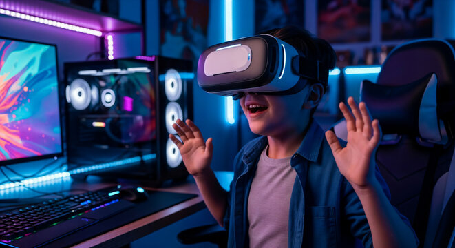 Excited boy experiencing virtual reality gaming with VR headset and computer setup