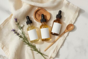 Still life of three dropper bottles with lavender and wooden accessories