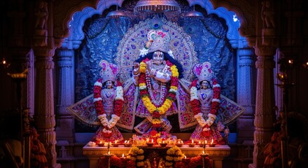 Fototapeta premium Temple Scene of Decorated Krishna Idol with Diyas – Midnight Janmashtami Puja Photo