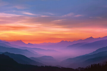 Layers of Mountains in a Colorful Sunrise Mist