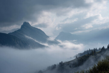 Layers of Mountains in a Colorful Sunrise Mist