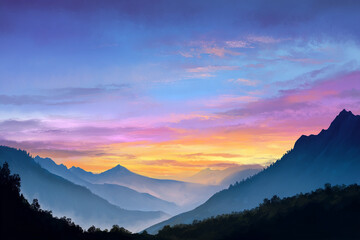 Layers of Mountains in a Colorful Sunrise Mist