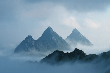 Layers of Mountains in a Colorful Sunrise Mist