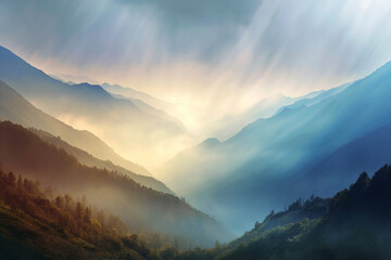 Layers of Mountains in a Colorful Sunrise Mist