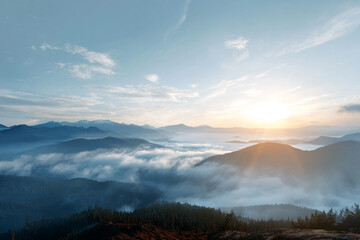 Obraz premium Layers of Mountains in a Colorful Sunrise Mist