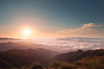 Layers of Mountains in a Colorful Sunrise Mist