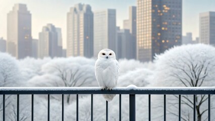 Snowy Owl Calmly Perched on Wooden Fence in Snowy Winter Cityscape with Urban Background.