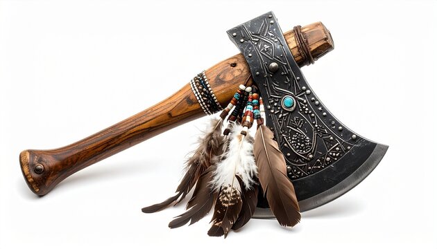 Traditional Native American tomahawk with carved wooden handle, metal blade, feather and bead decoration