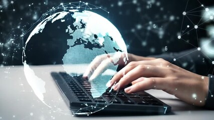 Hands typing on a keyboard with a glowing digital globe and network connections surrounding it - Powered by Adobe
