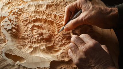Wood carving artist creating an intricate relief sculpture, detailed patterns emerging, natural textures with warm studio lighting —ar 16:9 