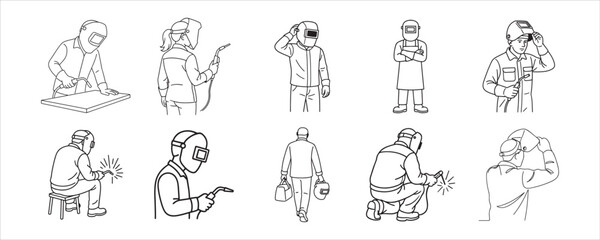 Welders in Action &ndash; Set of Line Art Poses of Welding Workers with Tools and Protective Gear