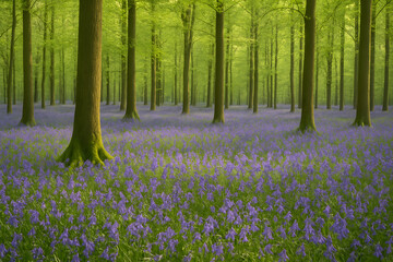 Blooming bluebell flowers in spring forest, green woodland trees with floral carpet, peaceful nature background, vibrant wildflowers in full bloom, scenic seasonal growth, tranquility concept landscap