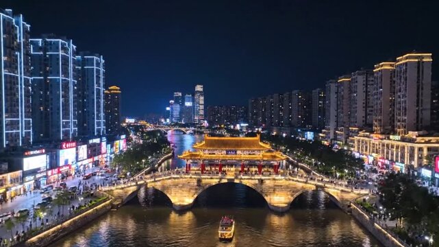 An aerial view of Anshun bridge at night in chengdu city, China.