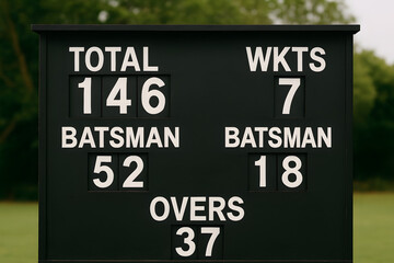 Cricket scoreboard match score wickets overs sports competition scoreboard display showing total runs batsman statistics and overs count, professional cricket scoring system concept for live match ana