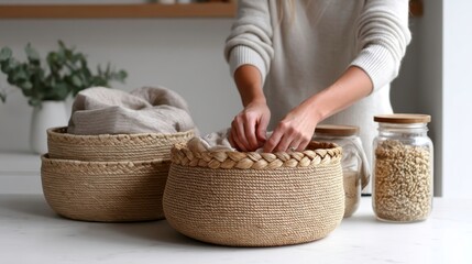 Sustainable Home, Home Organization, Woven Baskets: Woman organizing natural linen and pantry staples in kitchen, promoting eco-friendly living and mindful consumption.