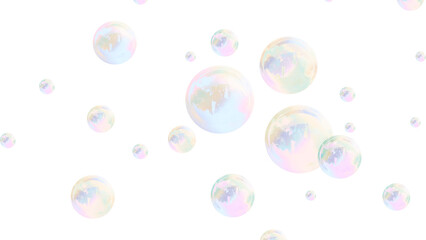 Many iridescent soap bubbles floating in the air isolated on transparent background