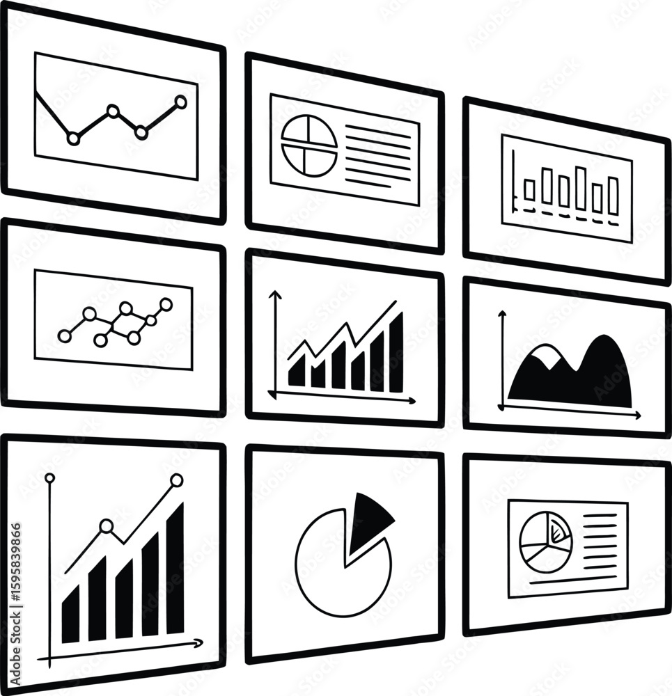 Poster nine black and white graphic charts and diagrams displayed on screens data statistics