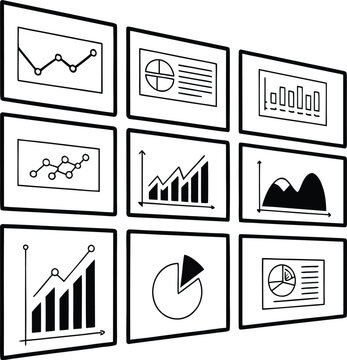 Nine black and white graphic charts and diagrams displayed on screens data statistics