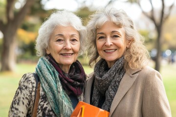 Portrait of a caregiver with a senior woman on a walk in the park, carrying a shopping bag, emphasizing the importance of support and care for elderly individuals in everyday activities, Generative AI