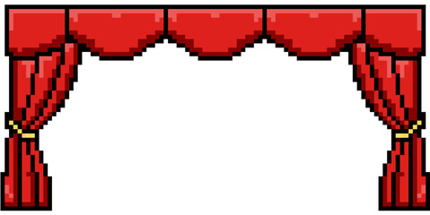 Pixel theater curtain vector, depicting performance, showtime, and retro entertainment in an 8-bit style. Ideal for gaming stages, event announcements, or nostalgic arcade designs.