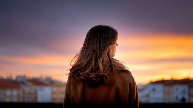 Woman Looking at Sunset, Urban Landscape, Inspiration, Hope, Back View.