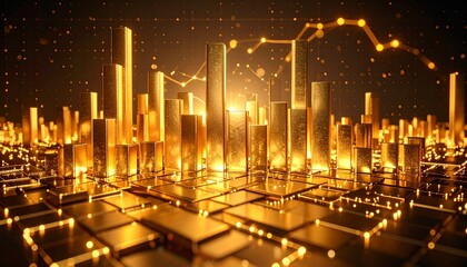 Golden skyscraper-like bars forming futuristic cityscape with digital network overlay