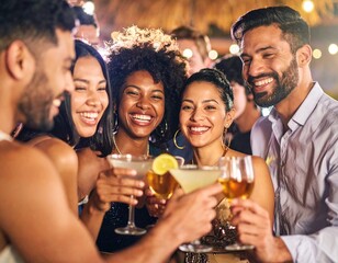 A lively group of diverse friends enjoying a vibrant night out at a popular club, with dynamic lighting and energetic atmosphere. Represents social connection and celebration.