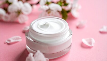 White skincare cream jar with clear lid on pink surface, surrounded by scattered white flower petals