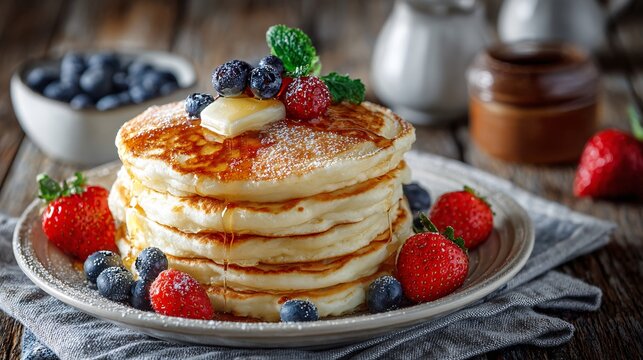 Stack of fluffy pancakes topped with butter maple syrup and fresh berries on a breakfast table 