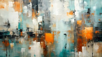 Abstract Painting with Teal Orange Gray and White Color Palette