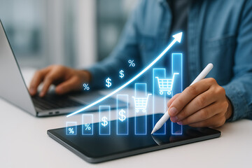 Ecommerce market analysis with rising sales bar graph and percentage growth indicators using digital pen on tablet