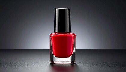 Red nail polish bottle with black cap, spotlighted against gray gradient backdrop