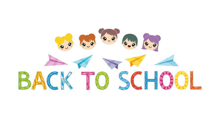 Cute kids and colorful paper airplanes flying above vibrant "Back to School" text