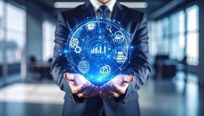 Businessman presenting holographic globe with data charts and global digital network overlay