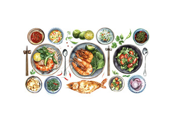 Traditional Thai food dishes in watercolor style, top-down view,