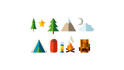 Illustration showing camping gear including a tent, backpack, campfire, and sleeping bag in nature scene
