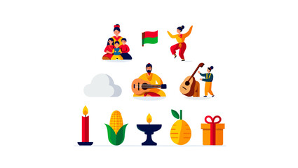 Fototapeta premium Illustration of cultural celebration elements with people, food, and music in a vibrant design